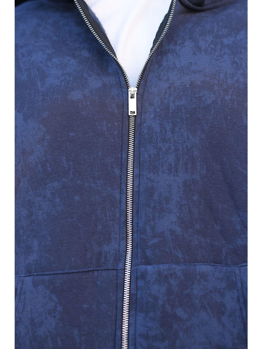 Lacivert Çift Fermuarlı Batik Desenli Erkek Hırka E7175-2