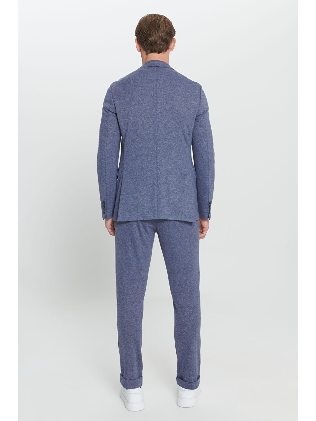 Erkek Lacivert-Beyaz Slim Fit Mono Yaka Desenli Beli Bağlamalı Takım Elbise-8