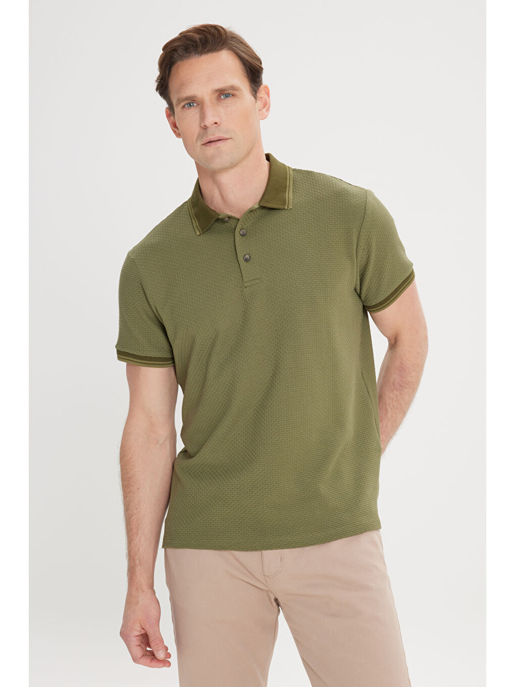 Erkek Haki Slim Fit Dar Kesim %100 Pamuk Polo Yaka Armürlü Tişört-3