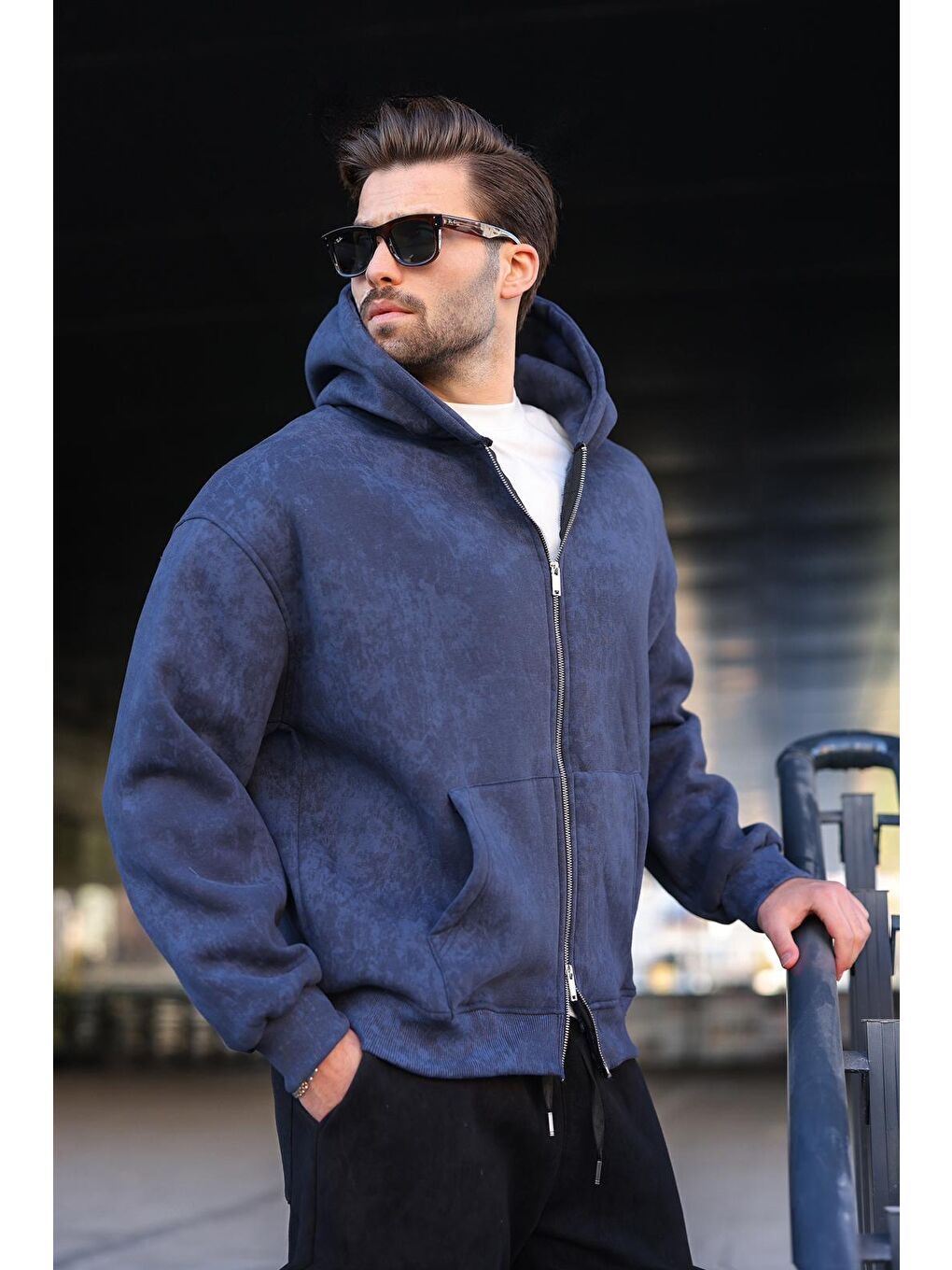 Lacivert Çift Fermuarlı Batik Desenli Erkek Hırka E7175-3