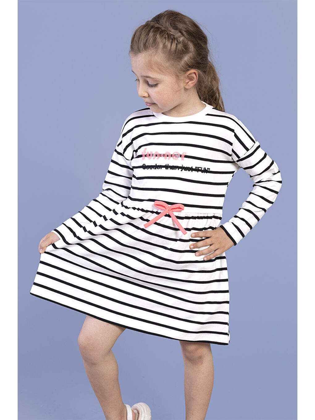 Ekru Kız Çocuk Çizgili Elbise