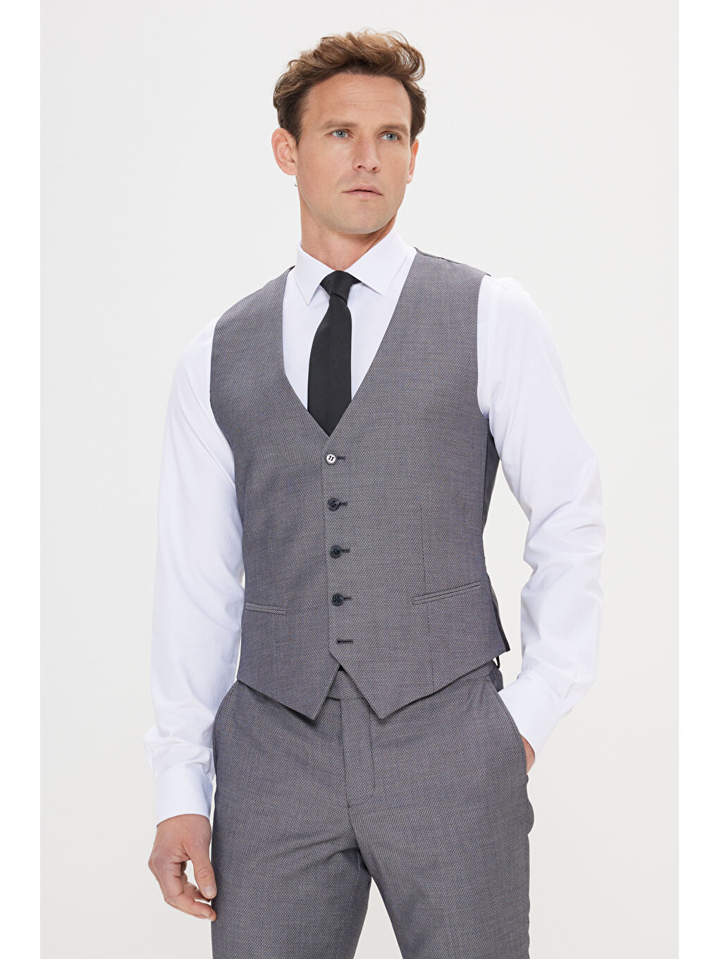 Erkek Gri-Siyah Slim Fit Kırlangıç Yaka Desenli Yelekli Takım Elbise-4