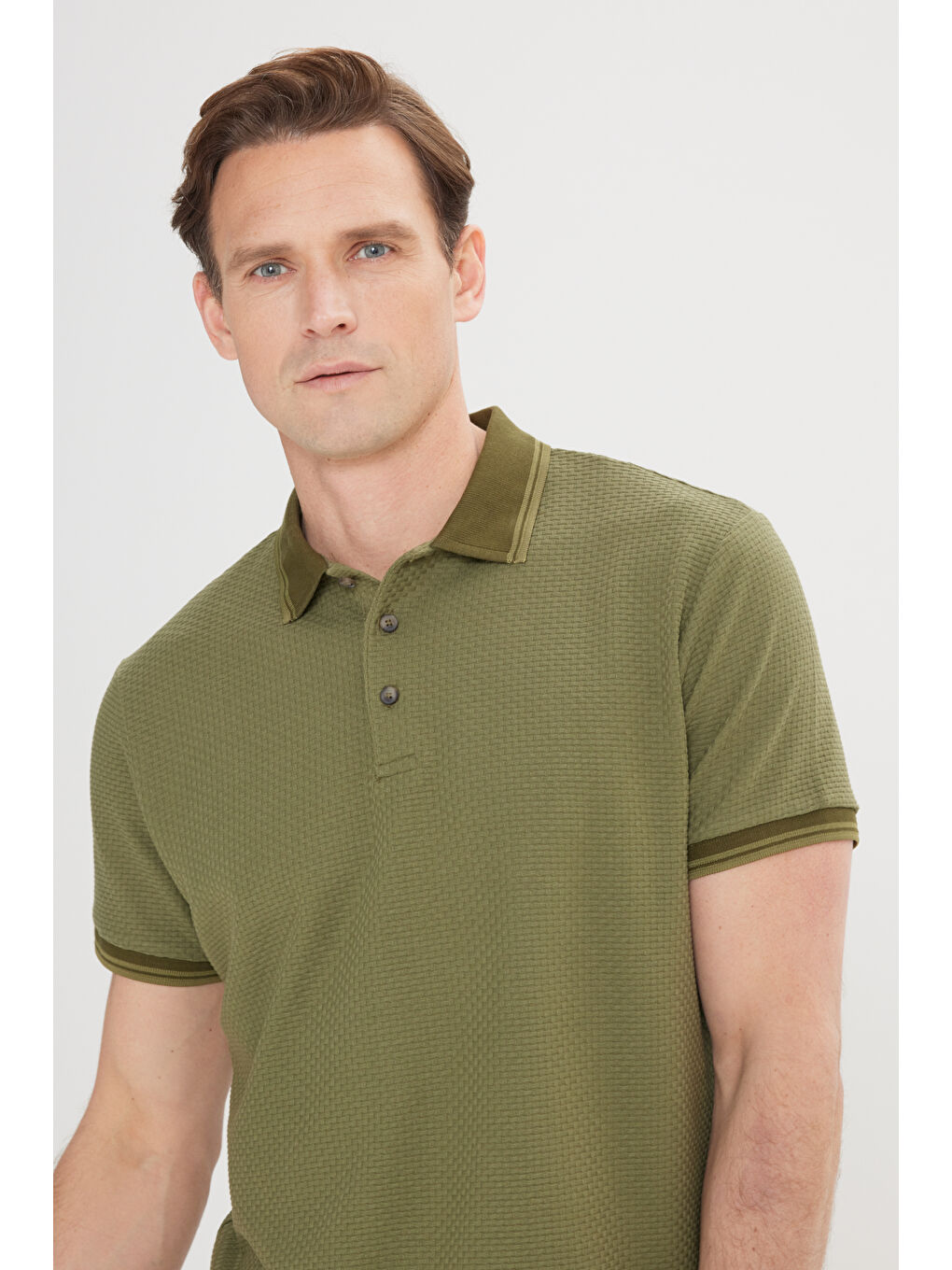 Erkek Haki Slim Fit Dar Kesim %100 Pamuk Polo Yaka Armürlü Tişört-4