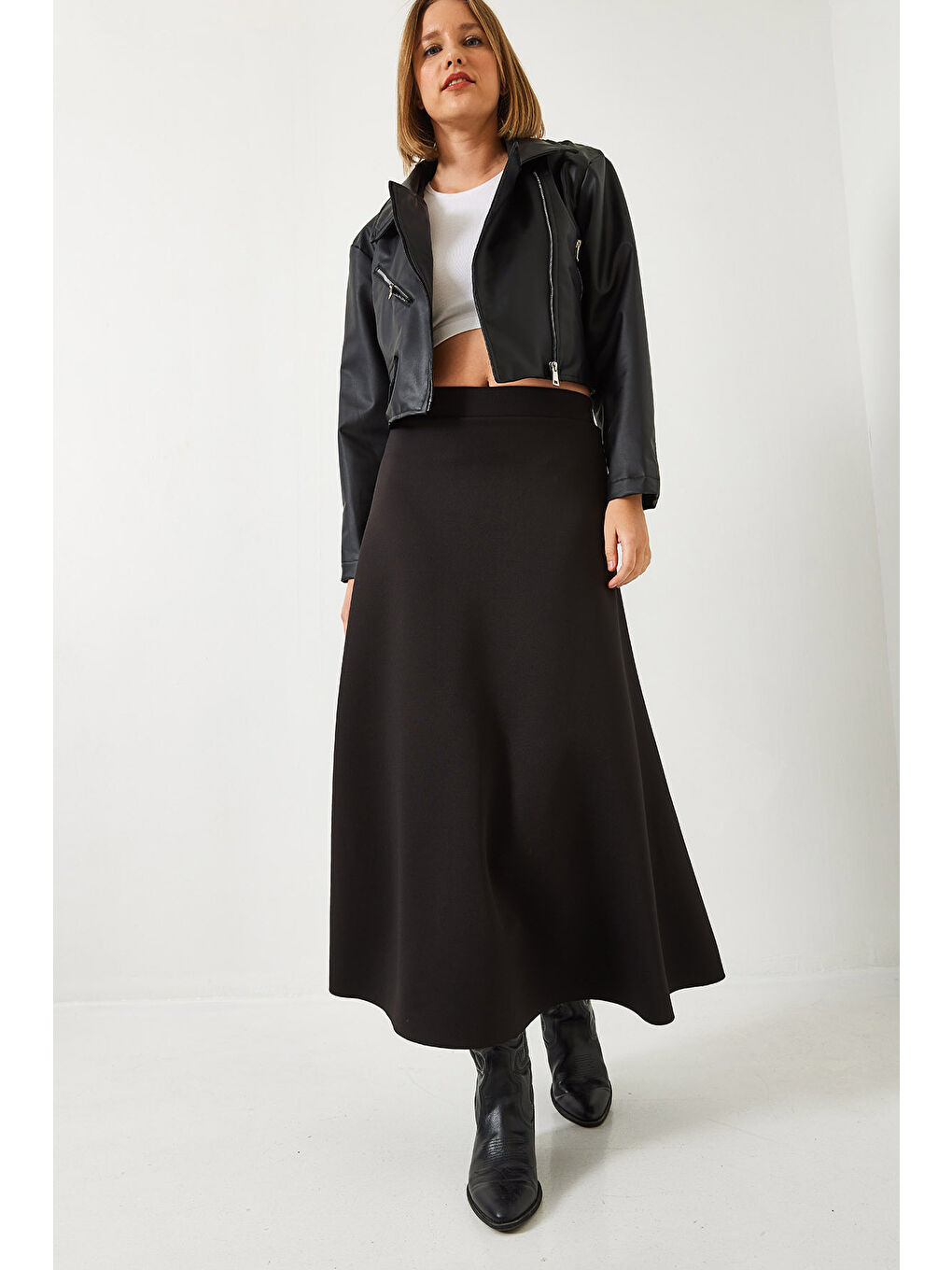 Siyah Kadın Scuba Kumaş Kloş Etek-2