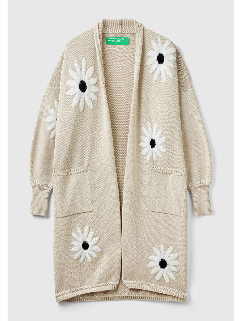 Kadın Bej Pamuk ve Yün Karışımlı Önü Cepli Çiçek Motifli Midi Hırka-1