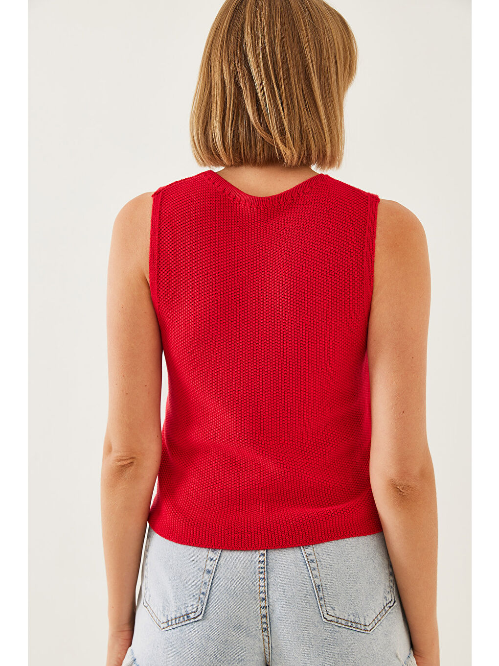 Kırmızı Kadın Önden Bağlamalı Triko Yelek-1