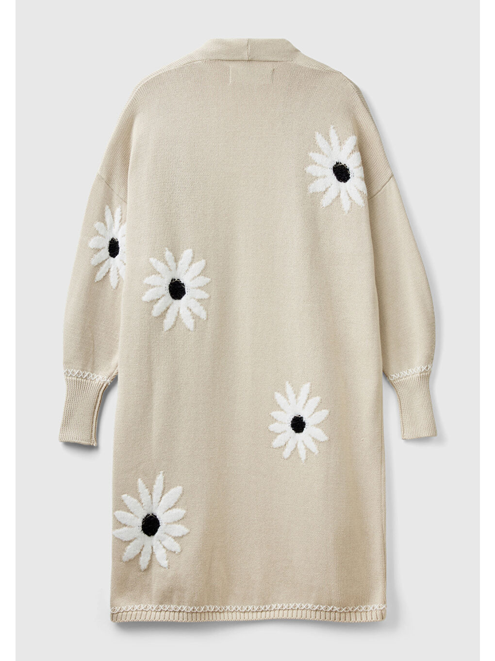 Kadın Bej Pamuk ve Yün Karışımlı Önü Cepli Çiçek Motifli Midi Hırka-3