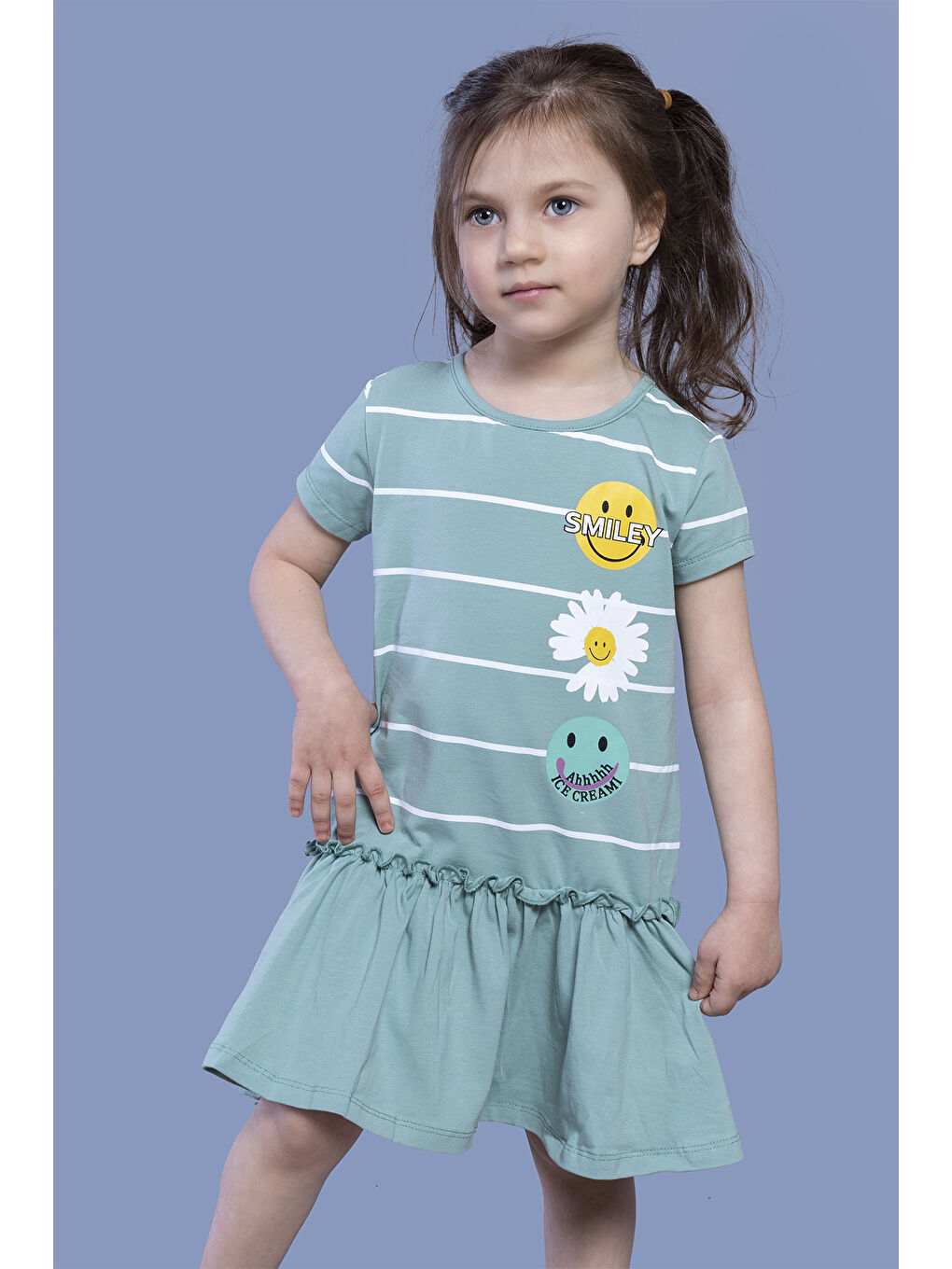 Gri Kız Çocuk Çizgi Desenli Büzgülü Elbise-1