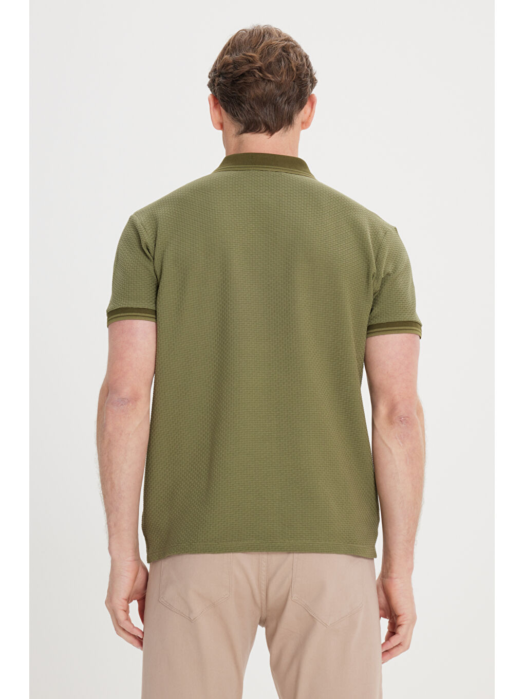 Erkek Haki Slim Fit Dar Kesim %100 Pamuk Polo Yaka Armürlü Tişört-5