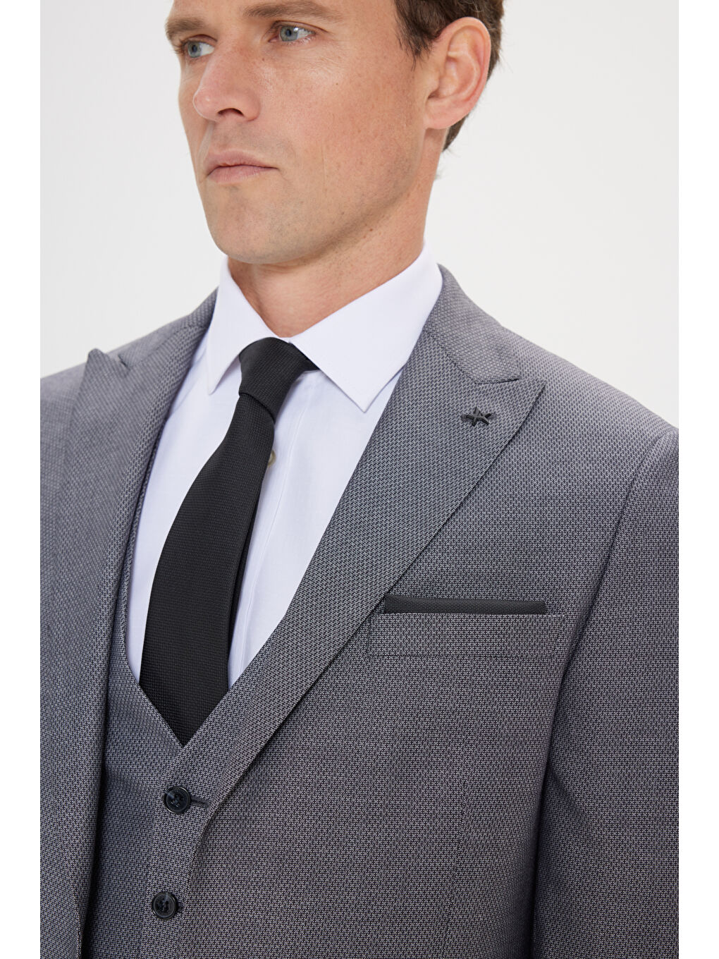 Erkek Gri-Siyah Slim Fit Kırlangıç Yaka Desenli Yelekli Takım Elbise-5