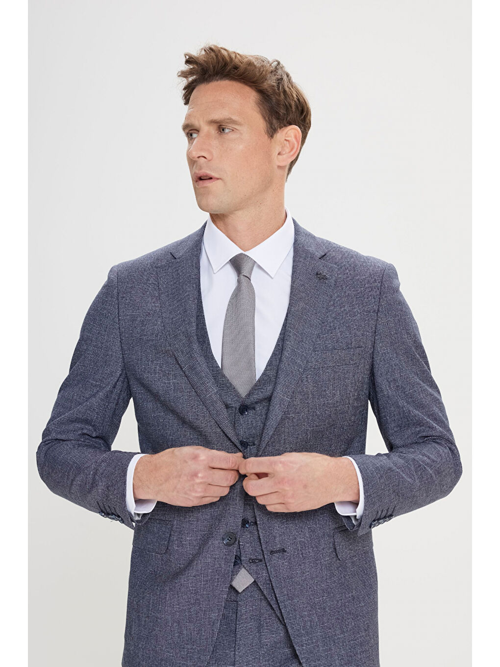 Erkek Lacivert-Beyaz Ekstra Slim Fit Mono Yaka Desenli Yelekli Takım Elbise-3