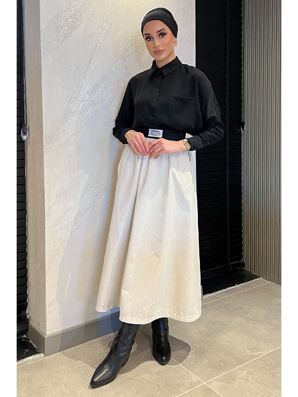 Bej Kadın Cep Fermuarlı Bel Lastikli Tesettür Gabardin Etek-3