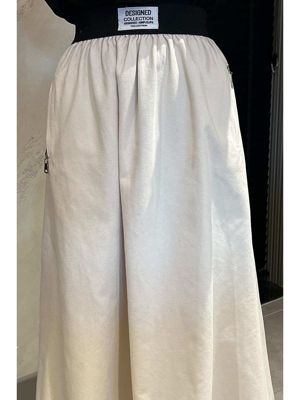 Bej Kadın Cep Fermuarlı Bel Lastikli Tesettür Gabardin Etek-4