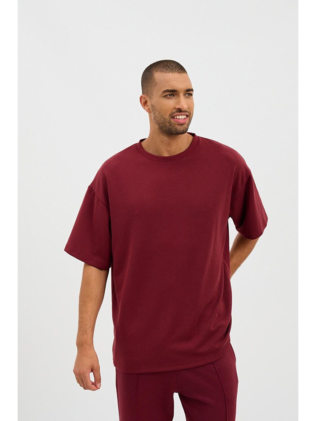 Erkek Basic Fluffy Modal Tişört Bordo-2