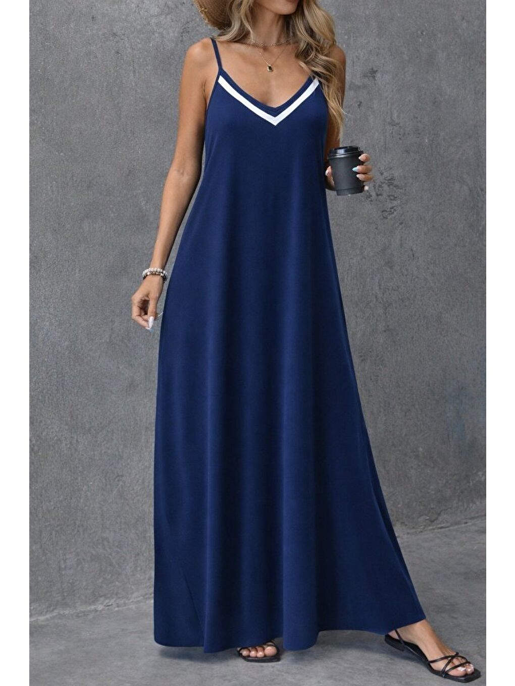 Lacivert Kadın Ip Askılı V şerit Yakalı Uzun Viskon Elbise-1