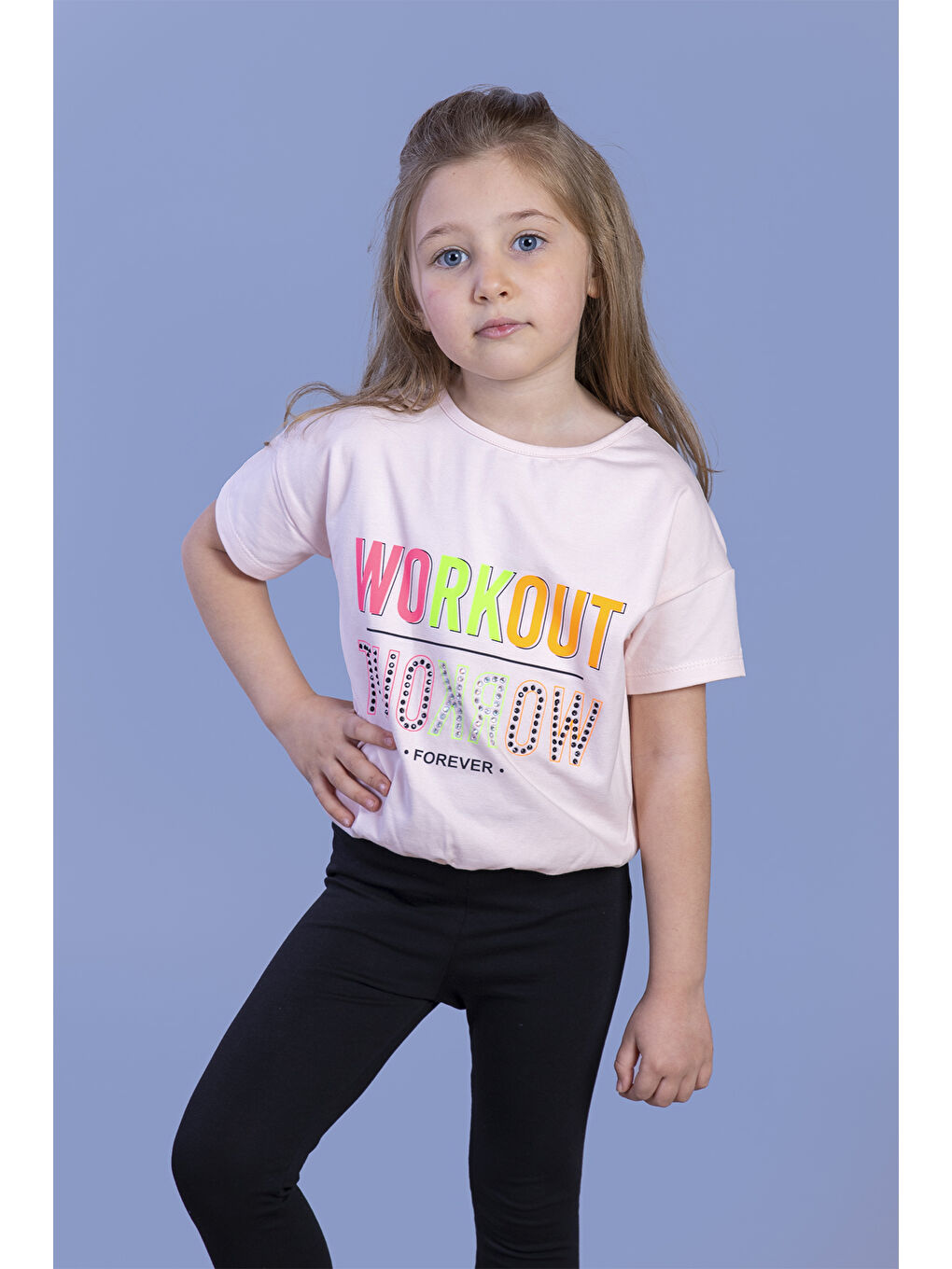 Pembe Kız Çocuk Workout Baskılı Taş İşlemeli Tişört