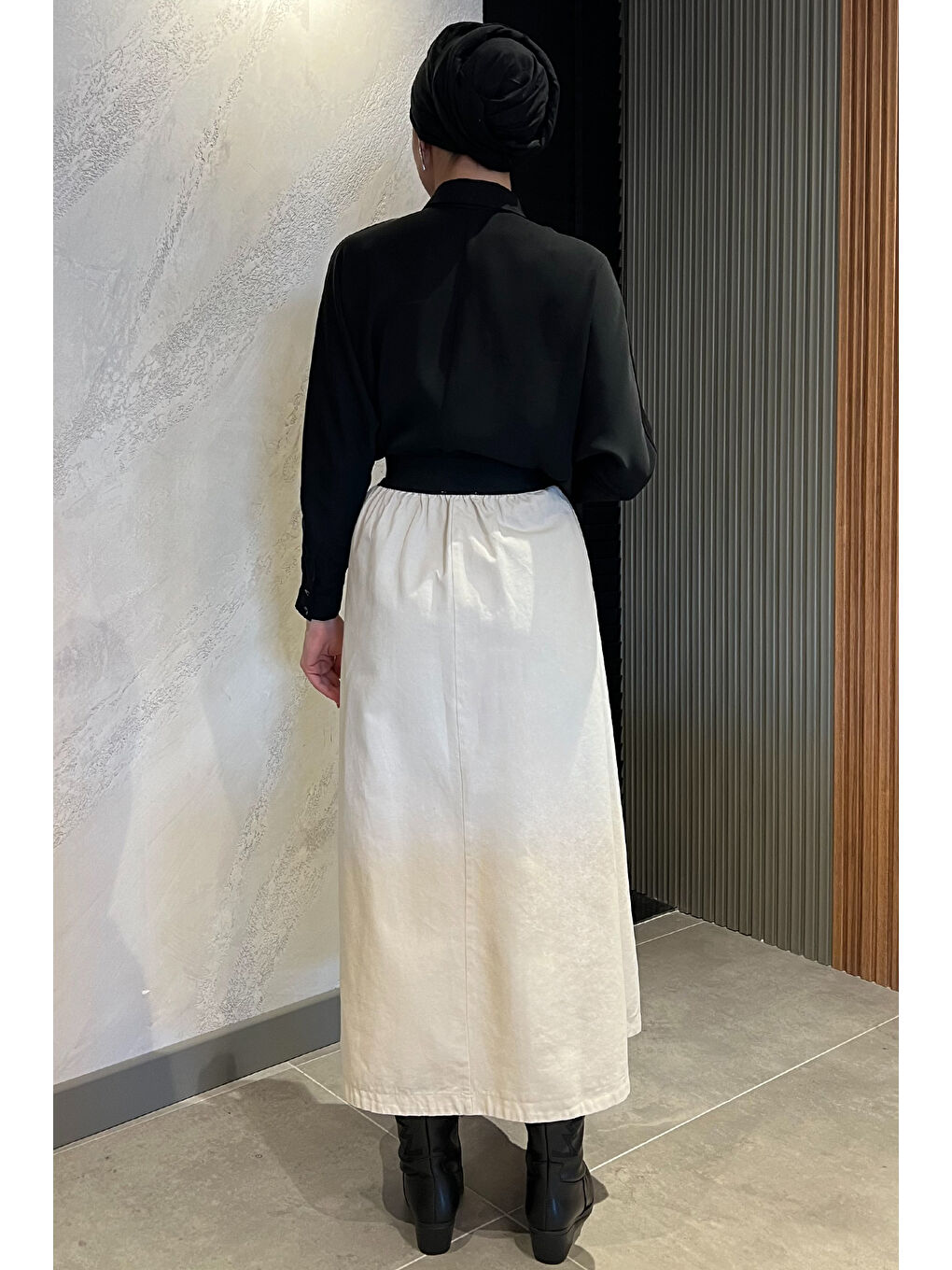 Bej Kadın Cep Fermuarlı Bel Lastikli Tesettür Gabardin Etek-7