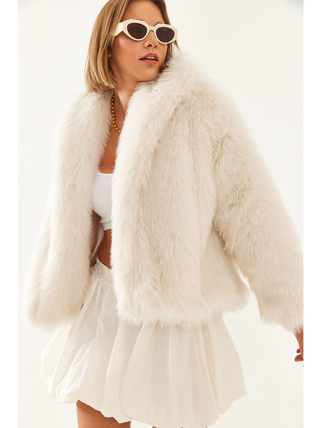 Bej Kadın Premium Suni Kürk Ceket-2