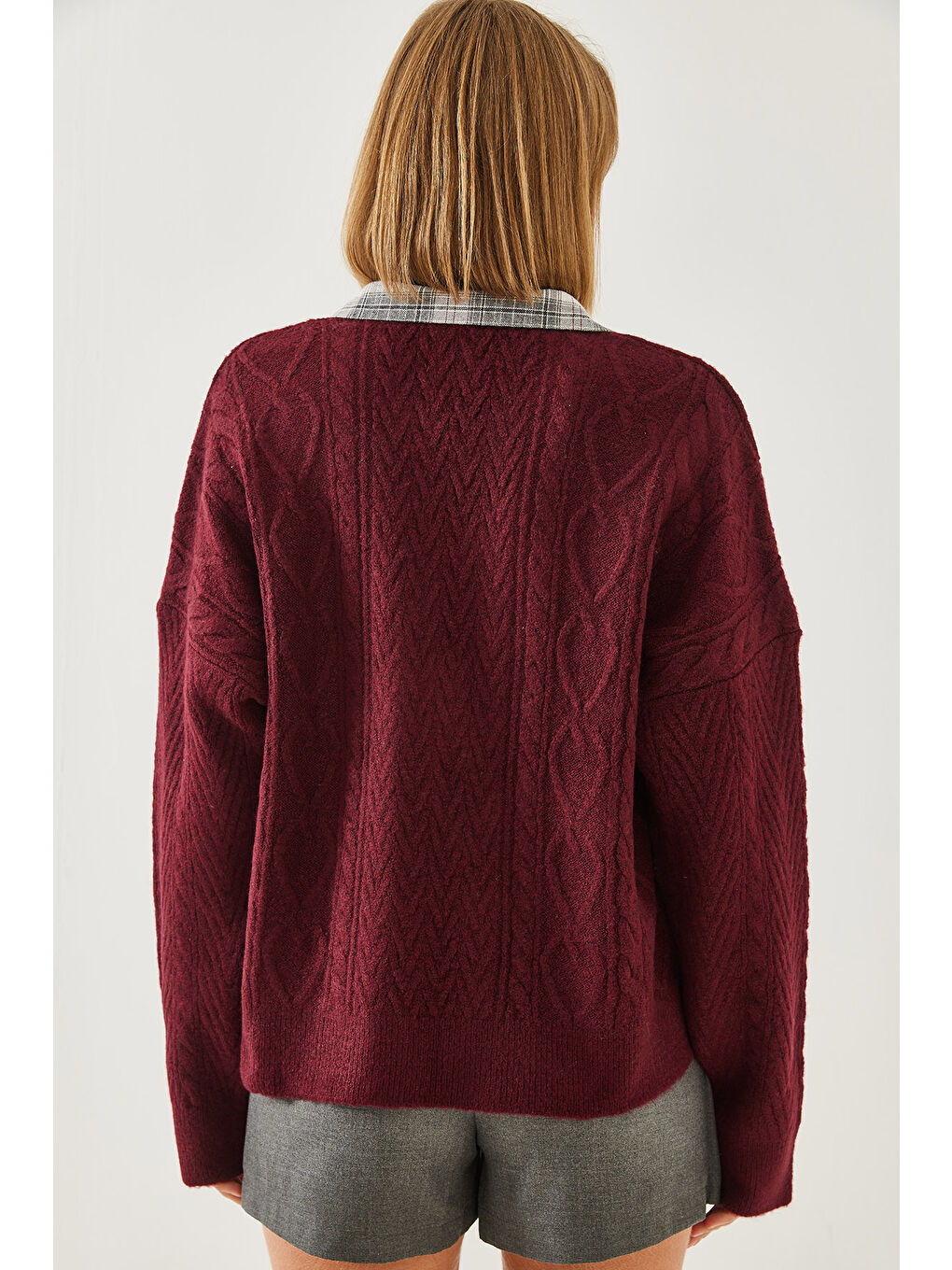 Bordo Kadın Gömlekli Patlı Triko Hırka-3