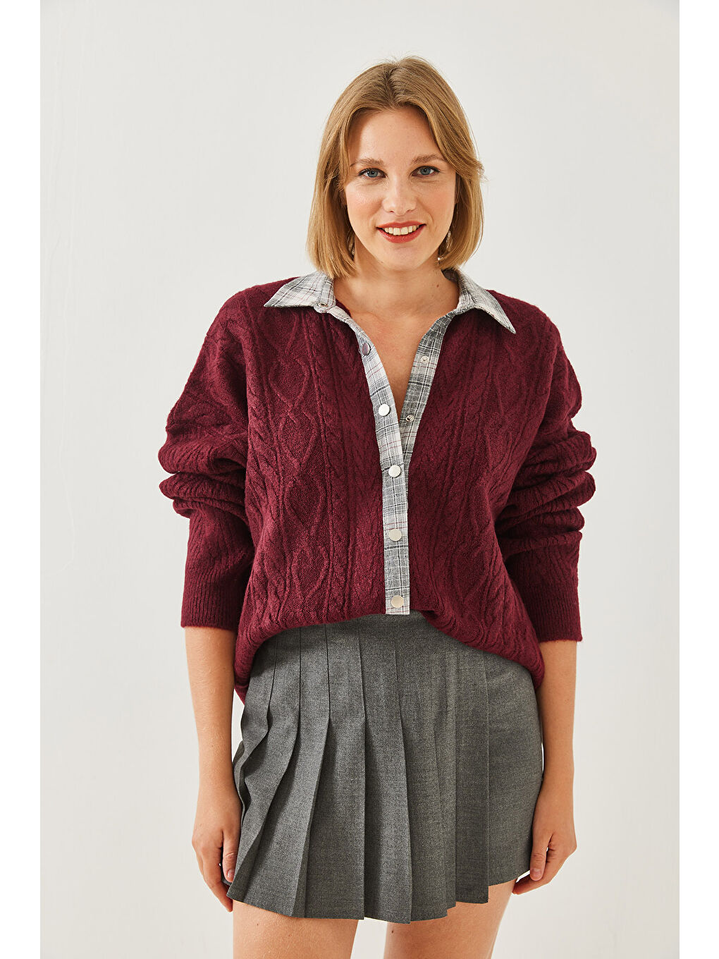 Bordo Kadın Gömlekli Patlı Triko Hırka-4