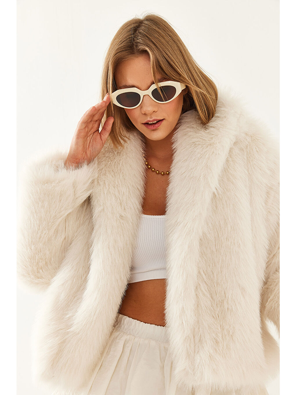 Bej Kadın Premium Suni Kürk Ceket-3