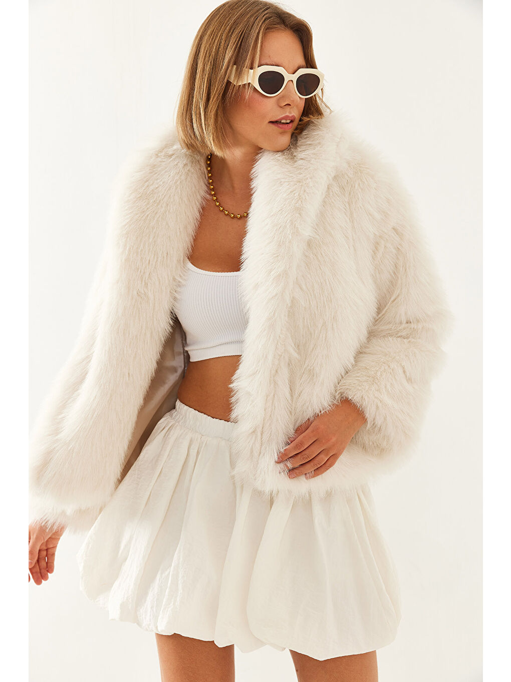 Bej Kadın Premium Suni Kürk Ceket-6