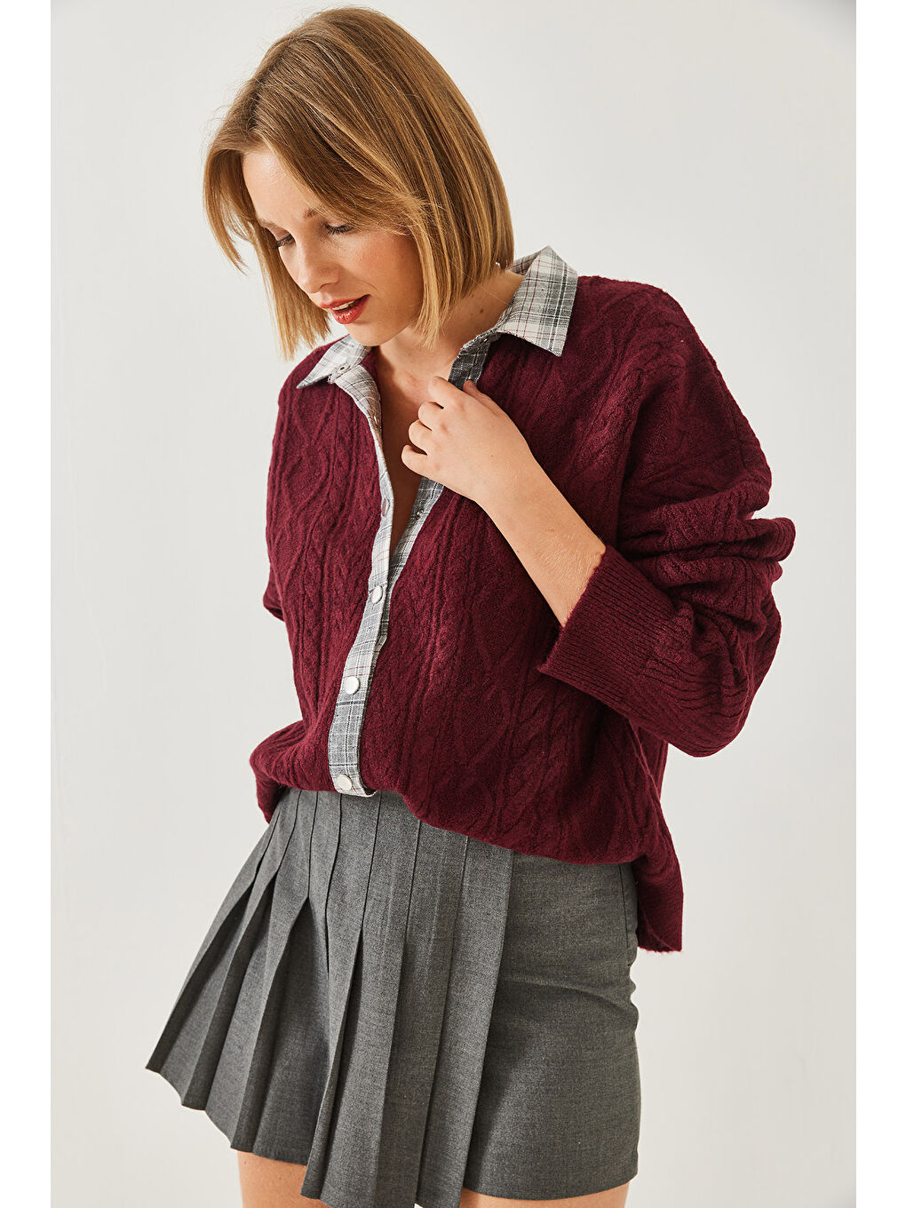 Bordo Kadın Gömlekli Patlı Triko Hırka-6