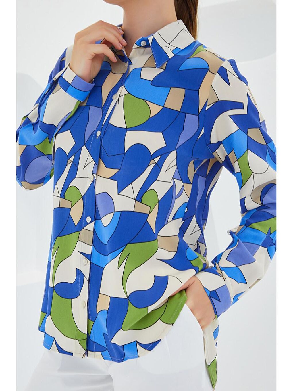 İndigo Grafik Desenli Gömlek-1