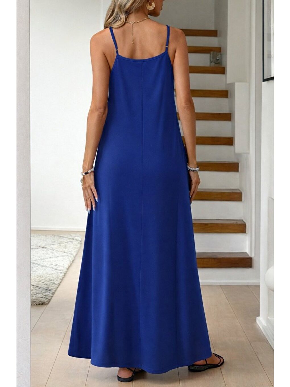 Lacivert Kadın Ip Askılı V şerit Yakalı Uzun Viskon Elbise-3