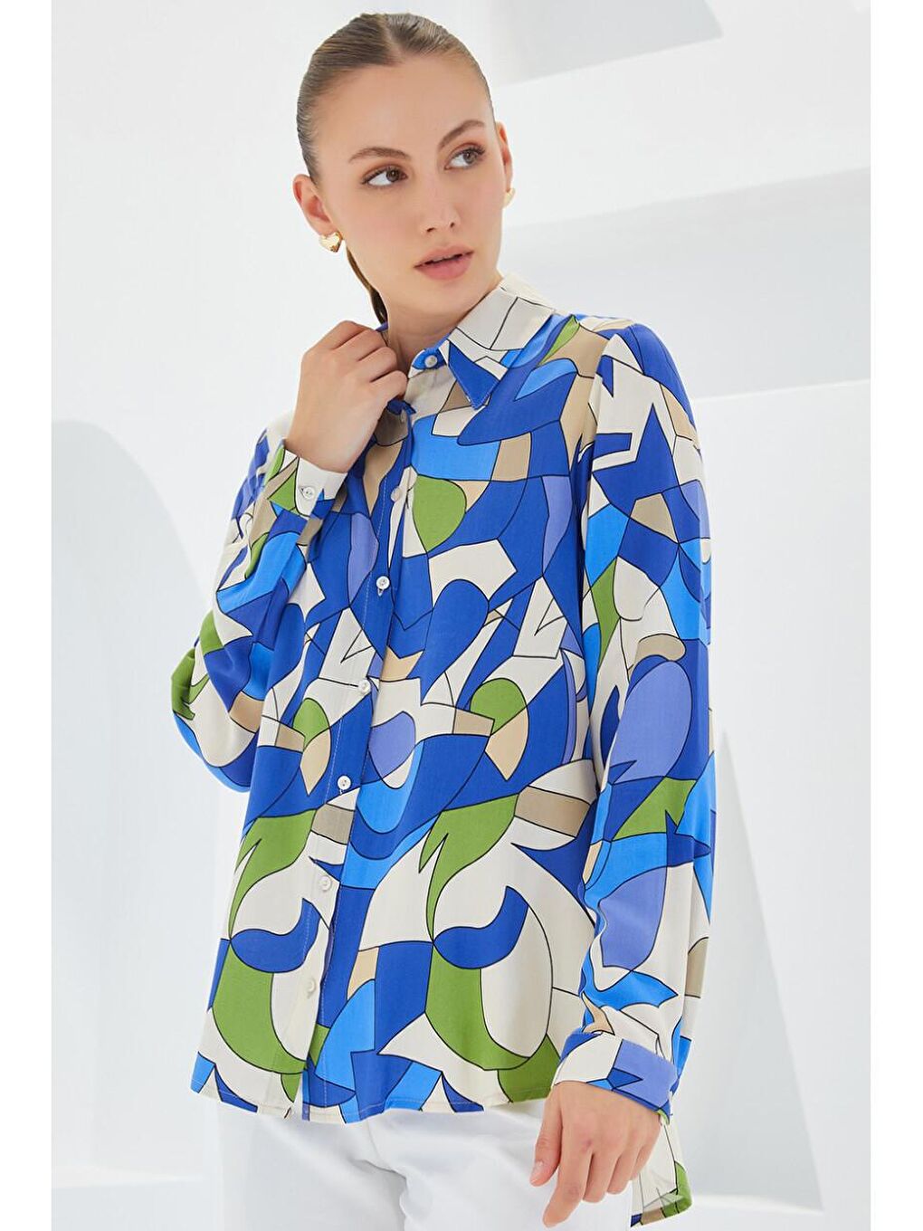 İndigo Grafik Desenli Gömlek-2