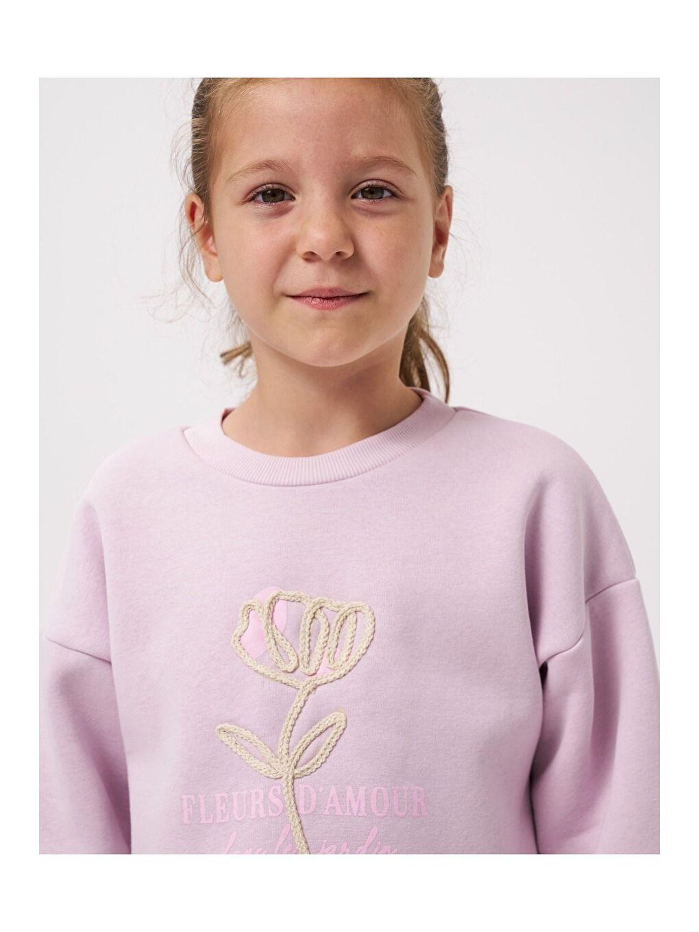 Lila Kız Çocuk Baskılı Şardonlu Nakış Detaylı 3 İplik Kumaş Fitilli Taytlı Altüst Takım-1