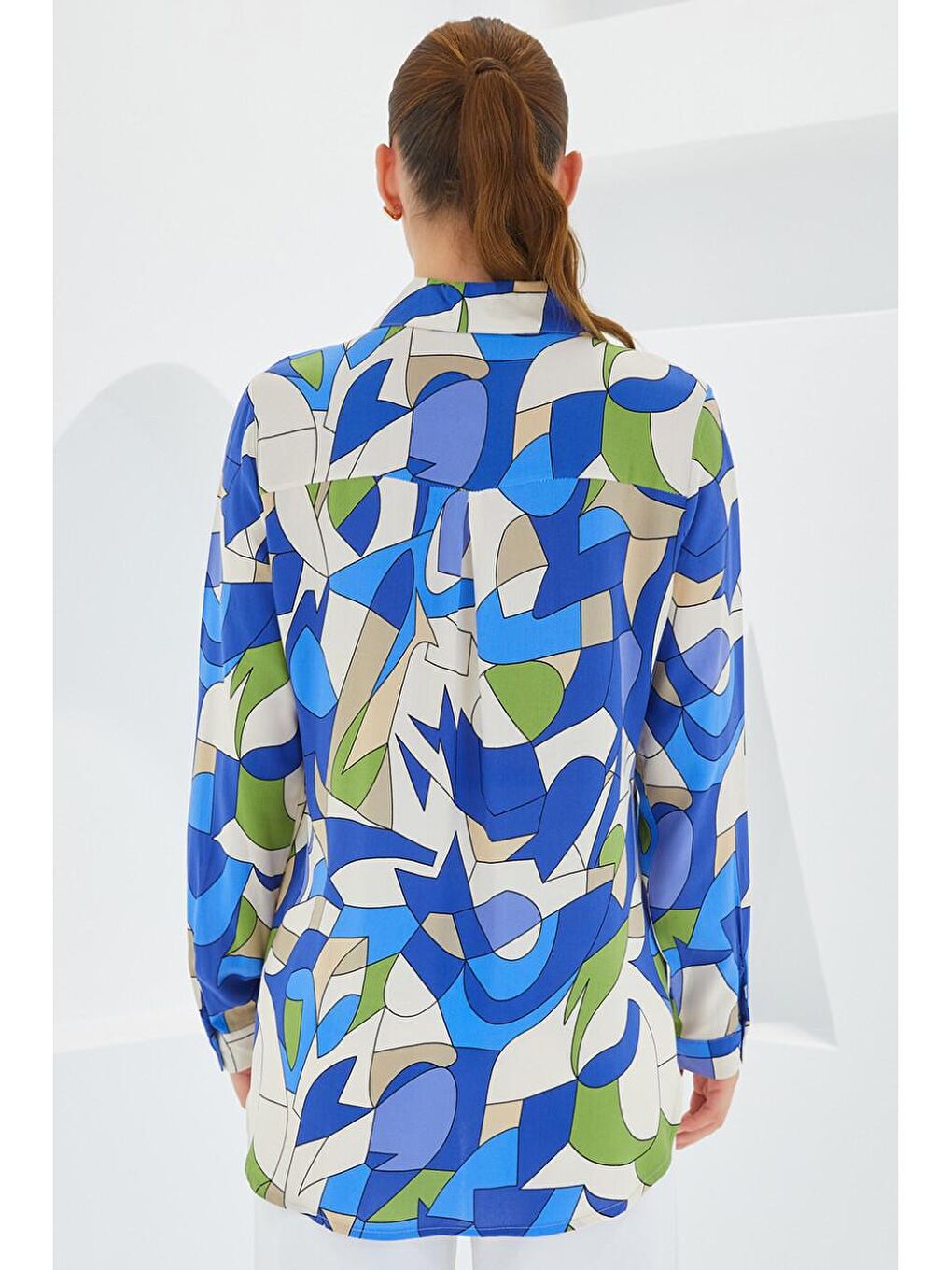 İndigo Grafik Desenli Gömlek-3