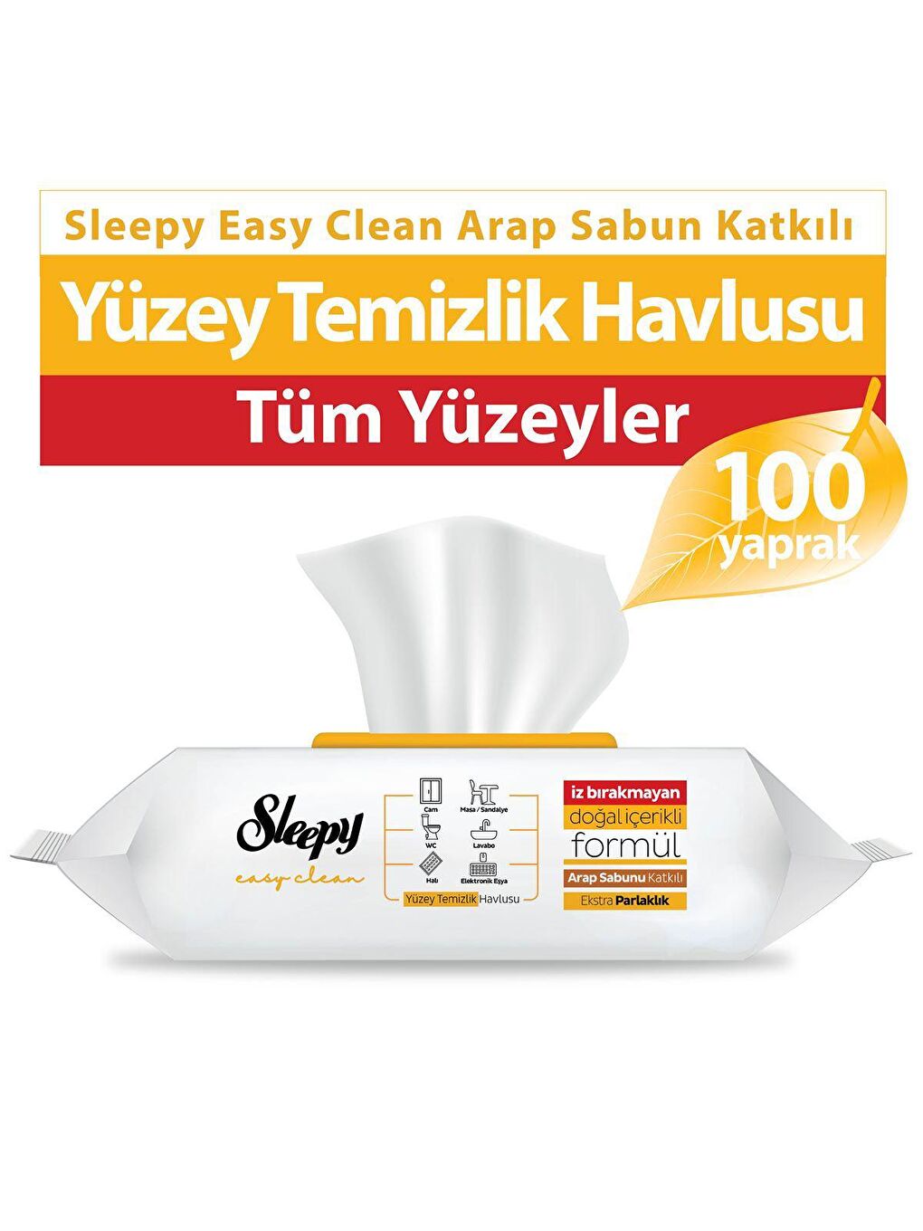 Sleepy Beyaz Tekli Paket Easy Clean Arap Sabunu Katkılı Yüzey Temizlik Havlusu 100 Yaprak