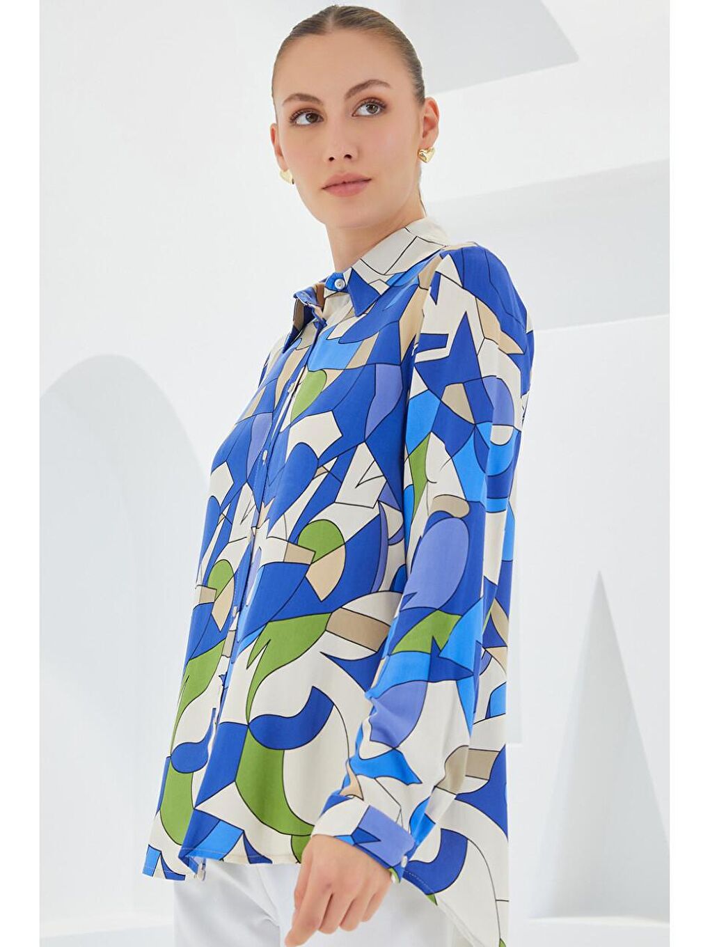 İndigo Grafik Desenli Gömlek-4