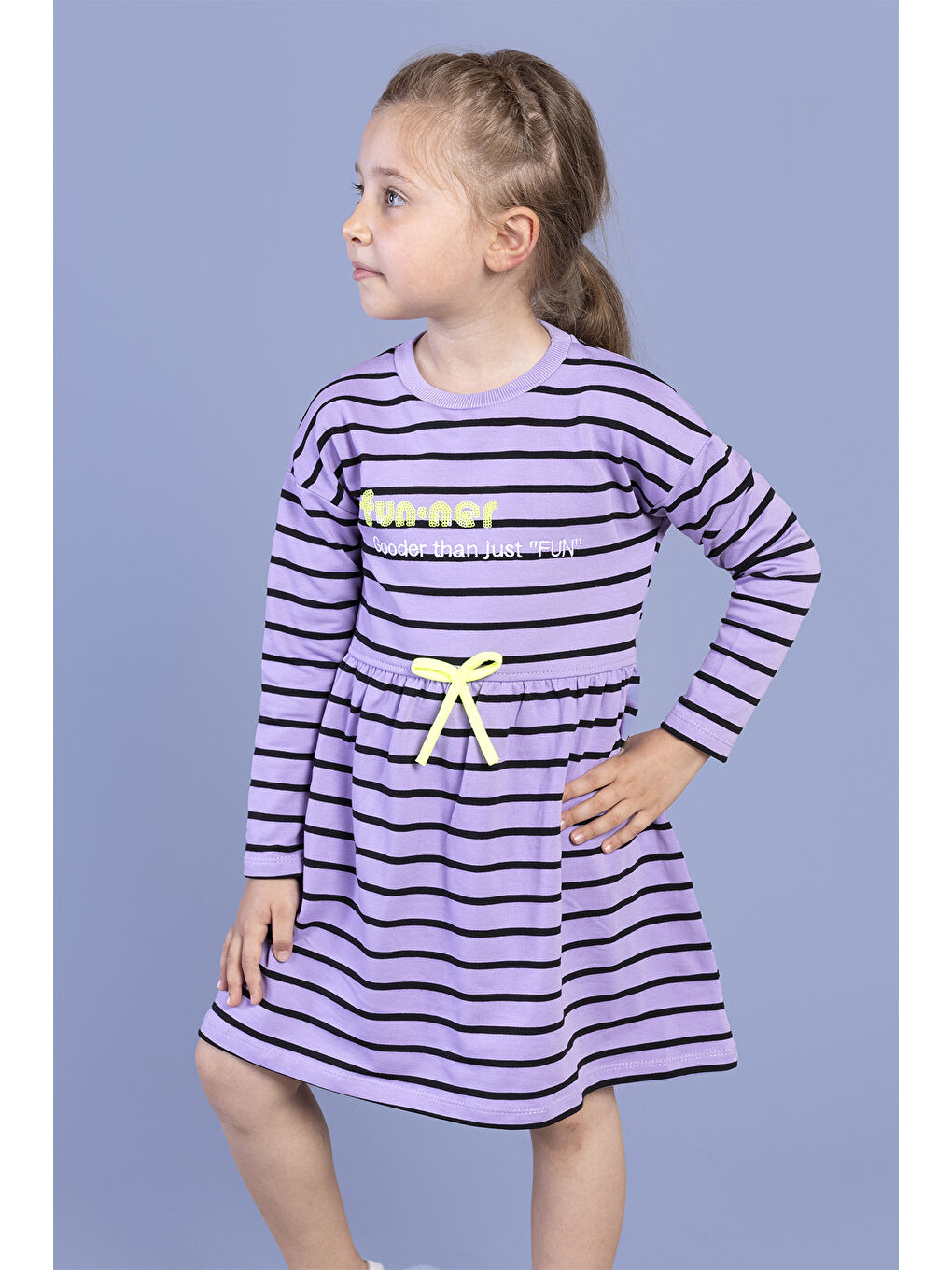 Lila Kız Çocuk Çizgili Elbise