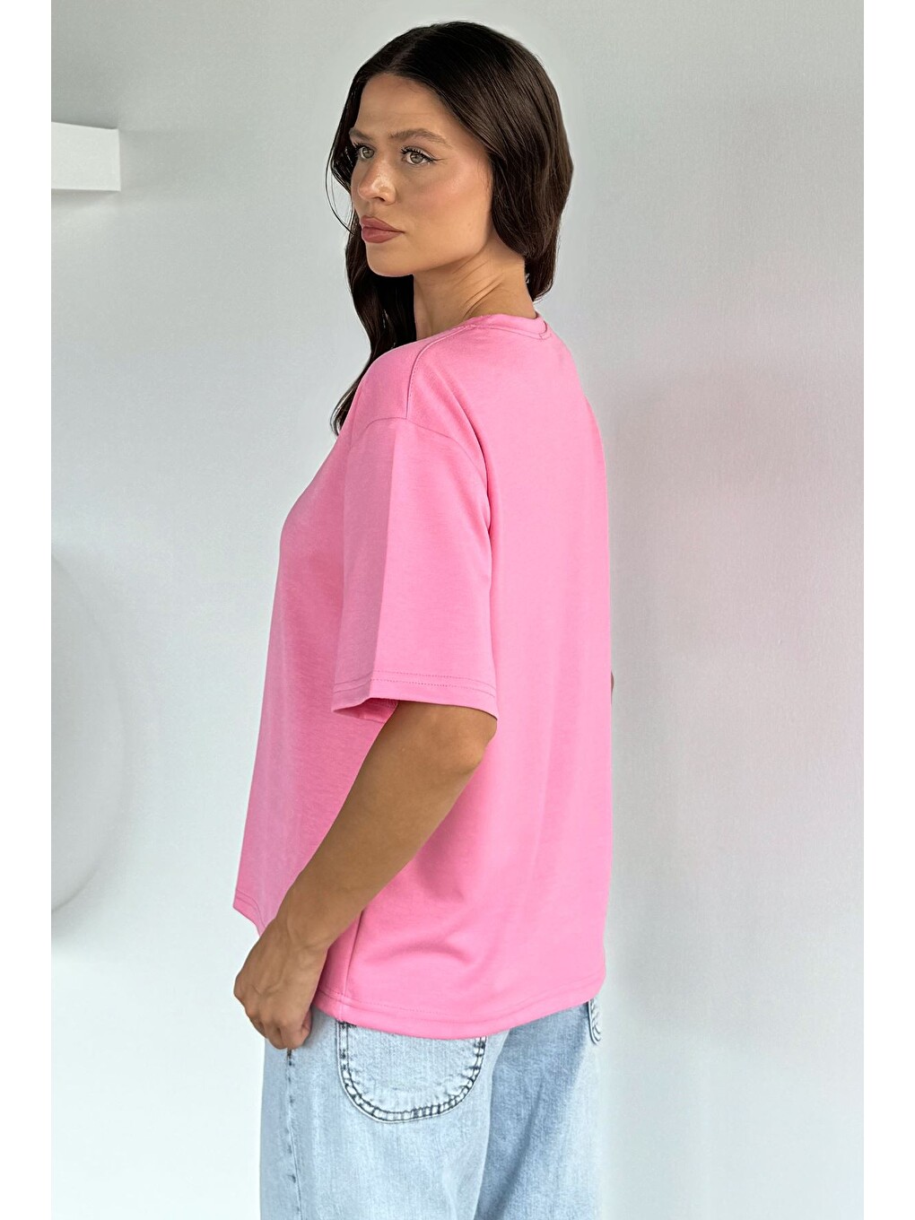 Pembe Kadın Bisiklet Yaka Leopar Baskılı Tişört-3