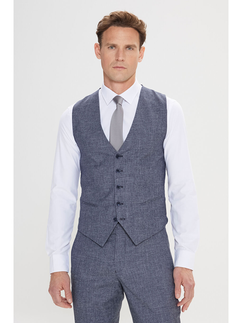 Erkek Lacivert-Beyaz Ekstra Slim Fit Mono Yaka Desenli Yelekli Takım Elbise-5