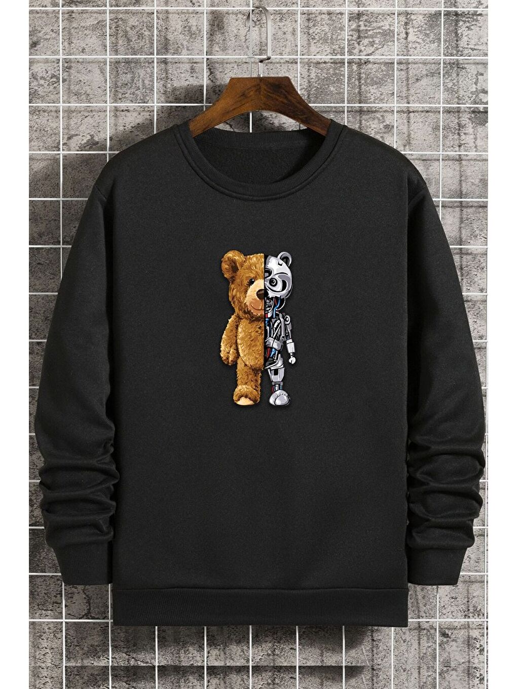 uyguntarz Siyah Unisex Boys Bear Bisiklet Yaka Sweatshirt