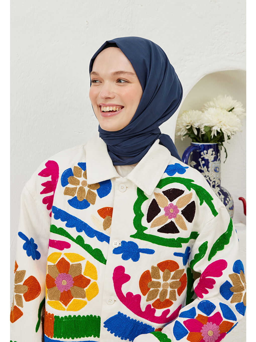 İnce Pamuk Vual Şal Koyu Mavi-4