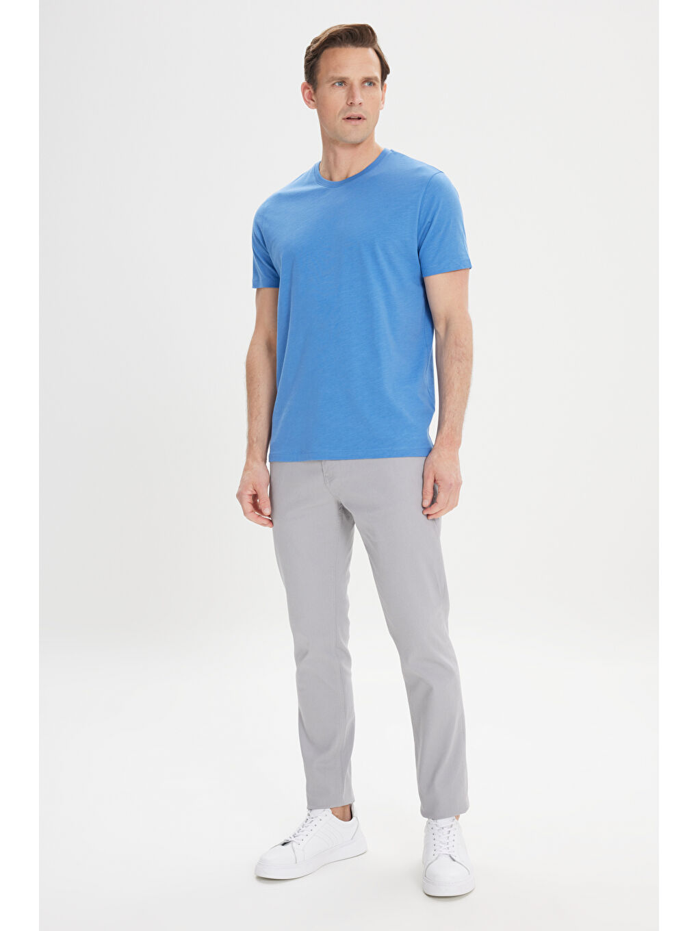 Erkek İndigo Slim Fit Dar Kesim %100 Pamuk Bisiklet Yaka Tişört-1