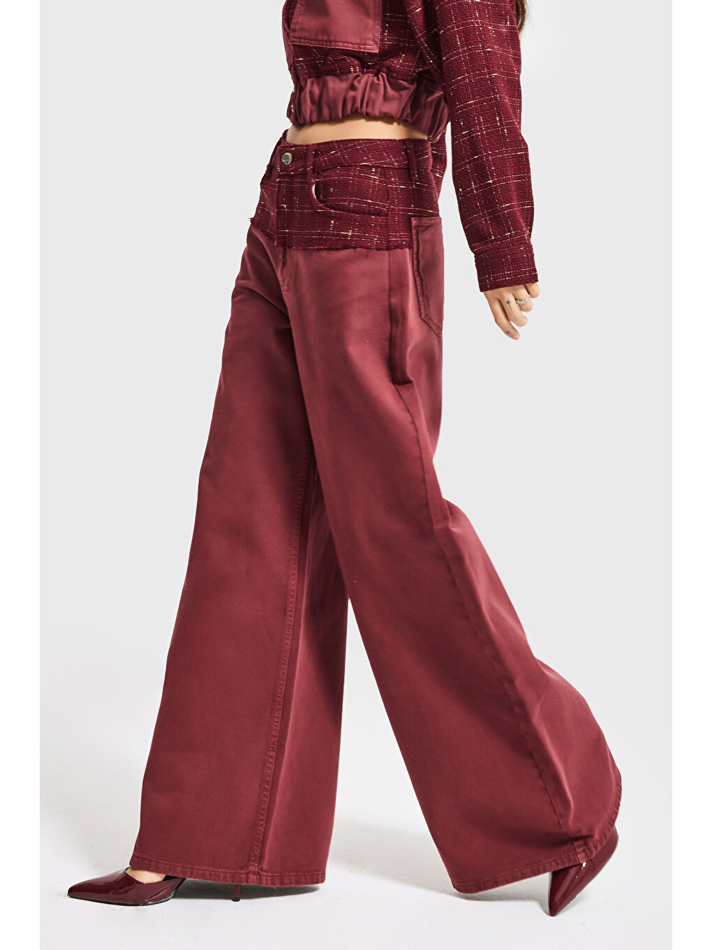 Kadın Bordo 6s6-35 Palazzo Fit Çift Parça Kumaş Özel Tasarım Denim Jean-2