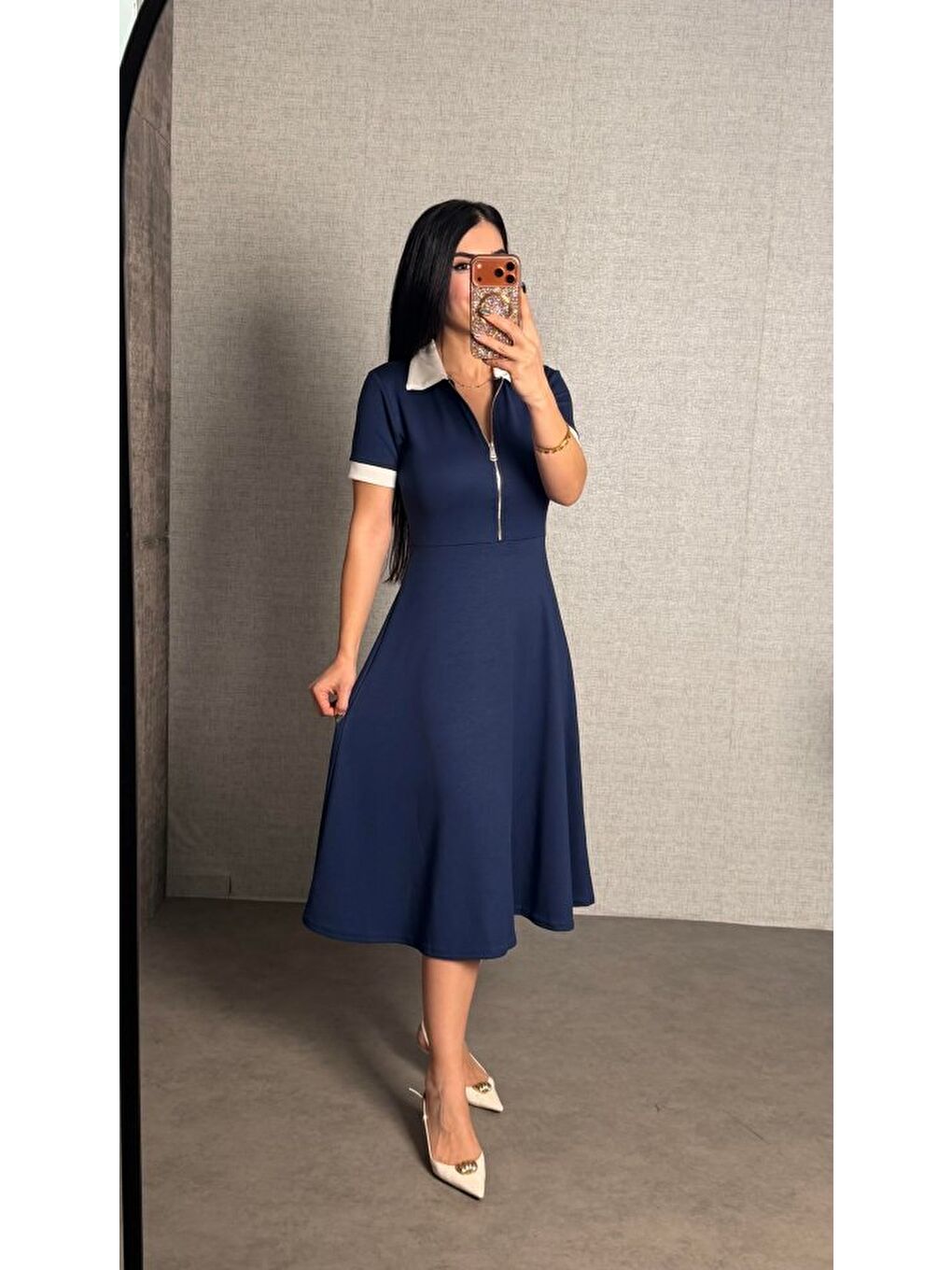 Lacivert Kadın Polo Yaka Fermuar Detaylı Modal Midi Elbise-1