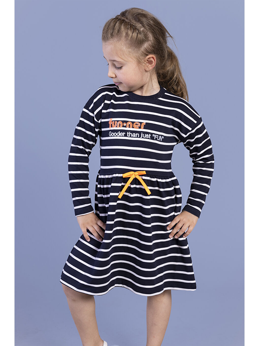 Lacivert Kız Çocuk Çizgili Elbise