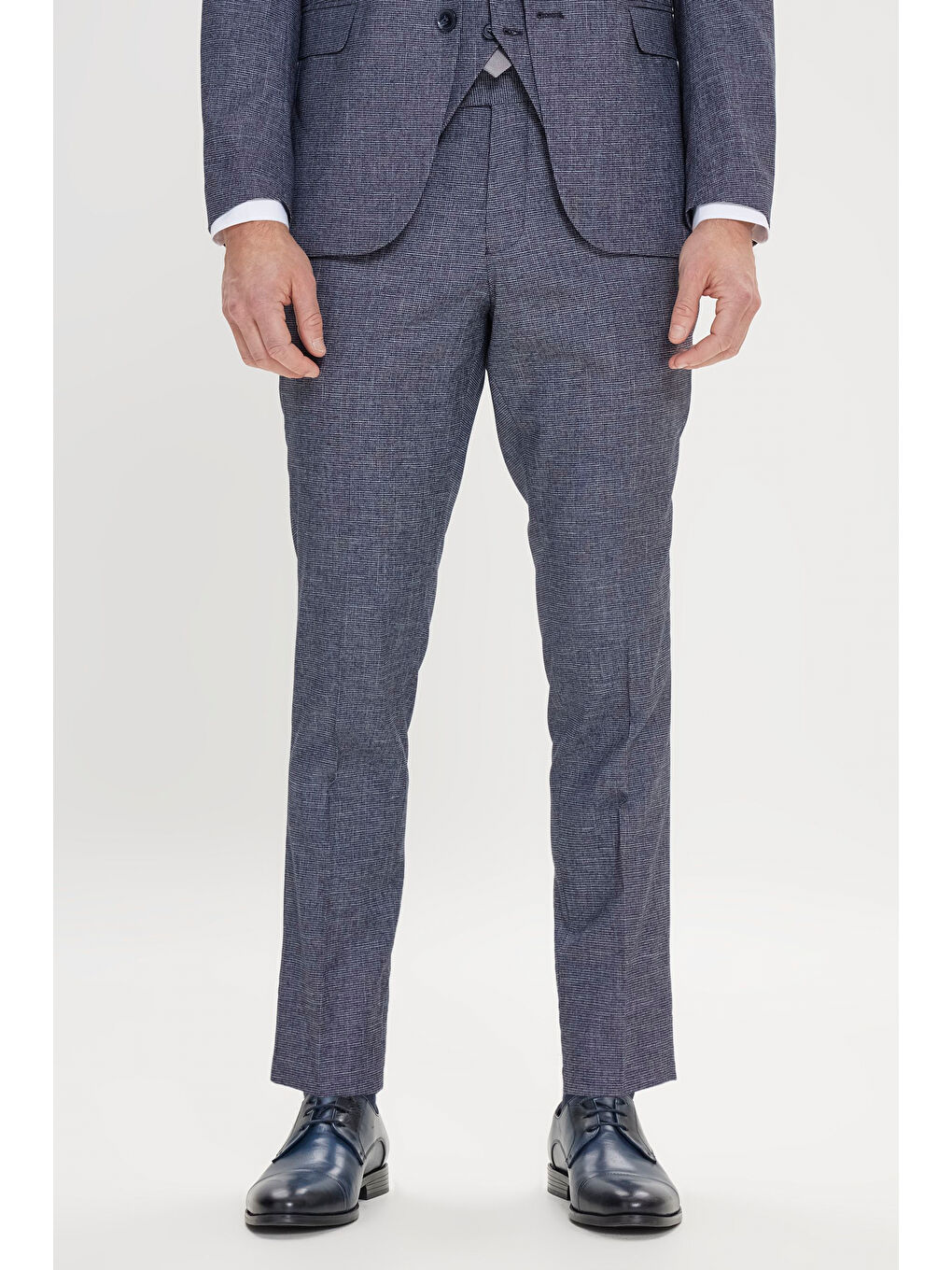 Erkek Lacivert-Beyaz Ekstra Slim Fit Mono Yaka Desenli Yelekli Takım Elbise-6