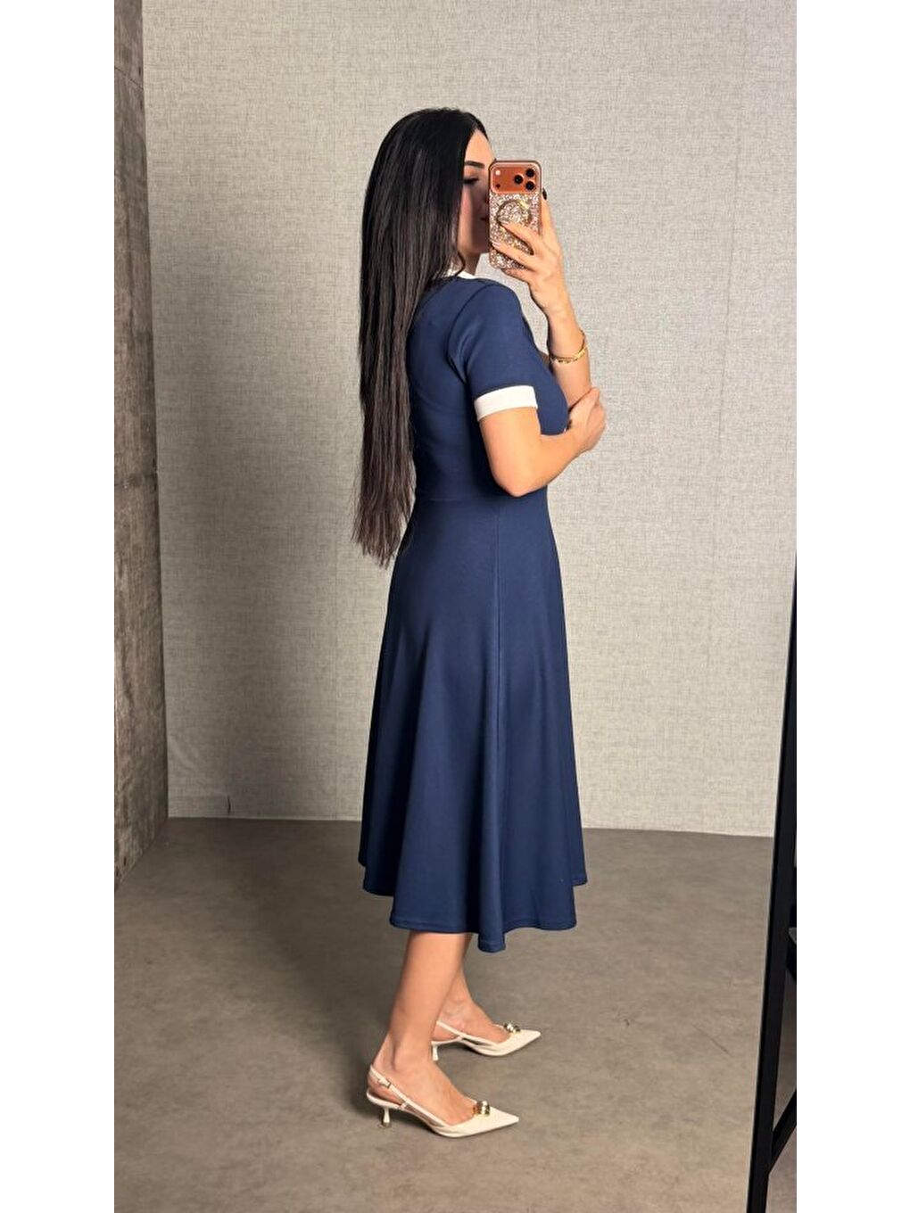 Lacivert Kadın Polo Yaka Fermuar Detaylı Modal Midi Elbise-2
