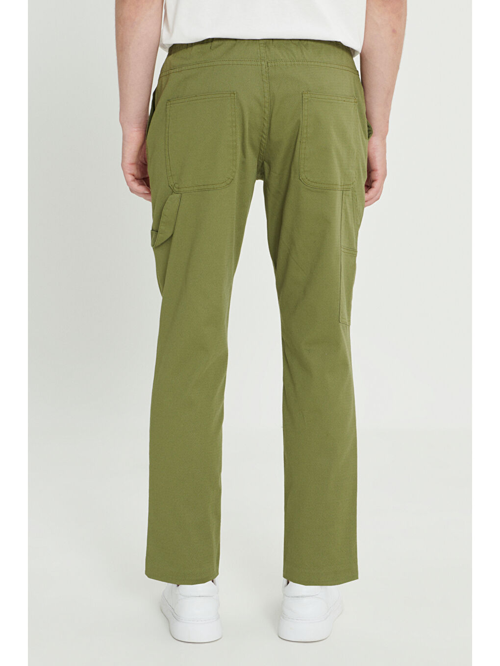 Erkek Haki Oversize Bol Kesim Beli Bağlamalı Pamuklu Esnek Armürlü Yan Cepli Pantolon-5
