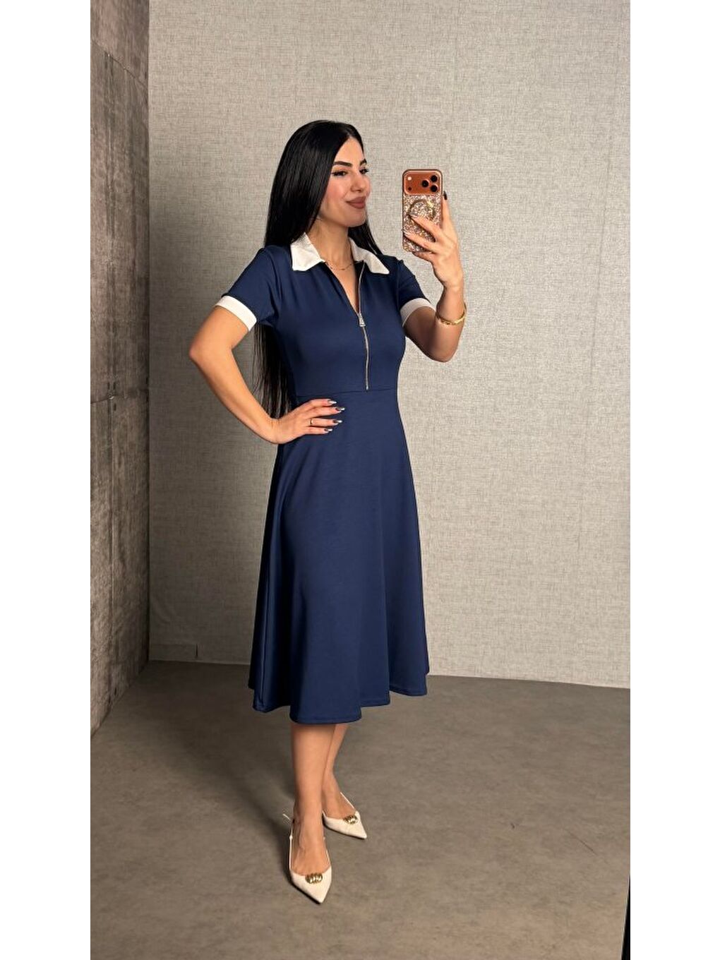 Lacivert Kadın Polo Yaka Fermuar Detaylı Modal Midi Elbise-4
