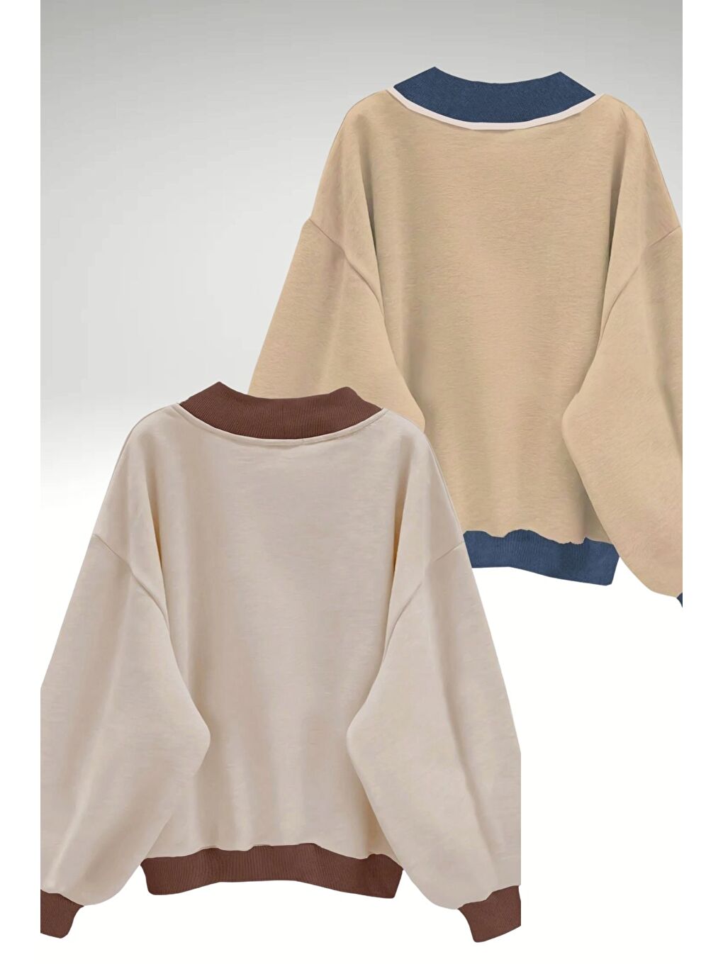 Kadın 3 Iplik Bej Vizon Düz V Yaka Oversize 2Li Sweatshirt-1