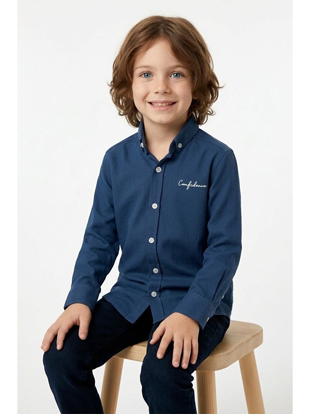 Petrol Yazı Baskılı Kolu Katlamalı Erkek Çocuk Gömlek