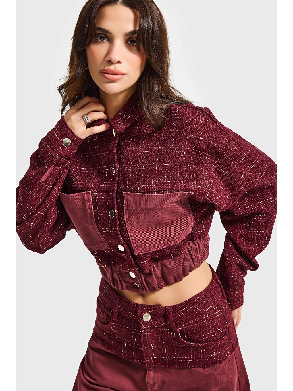 Kadın Bordo 6w6-35 Dokuma Denim Kumaş Karışımlı Önü Düğmeli Özel Tasarım Bomber Ceket